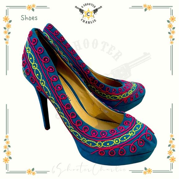 Gianni Bini Turquoise Multi Color Embroidered Embellished Peep Toe Pumps SZ 6.5 - Picture 1 of 6